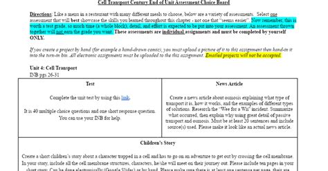 Cell Transport End Of Unit Assessment Choice Board Google Docs