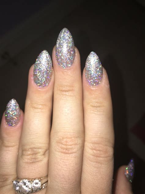 Silver Glitter Almond Stiletto Nsi Acrylic Nails Prom Nails Silver Sparkly Nails Silver Nails