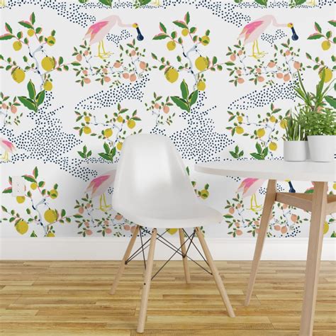 Peel And Stick Wallpaper 2ft Wide Tropical Exotic Birds Whimsical Nature Spoonbill Lemon Dots