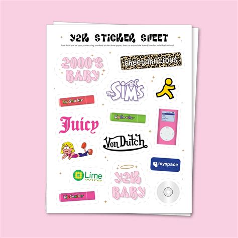 Y2k Early 2000s Nostalgia Digital Download Printable Sticker Sheet