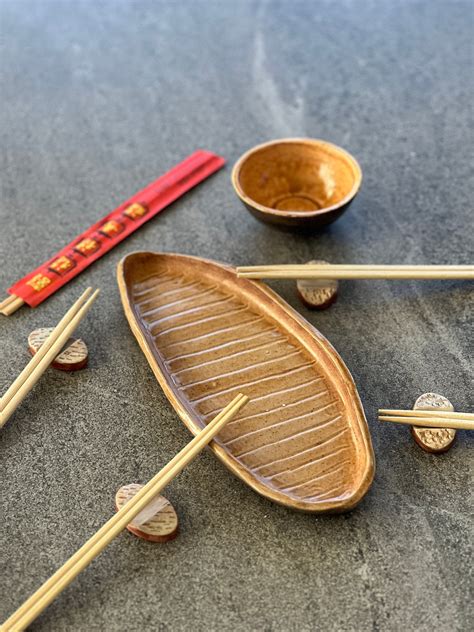 Ceramic Sushi Plates Set Japanese Chopstick Rest Minimal Rustic Oval