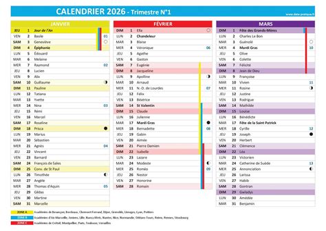 Dates du 1er trimestre 2026 (T1) + calendrier PDF à imprimer (A4)