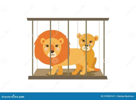 Sad Lion And Lioness Sitting In A Cage Stock Vector Illustration Of