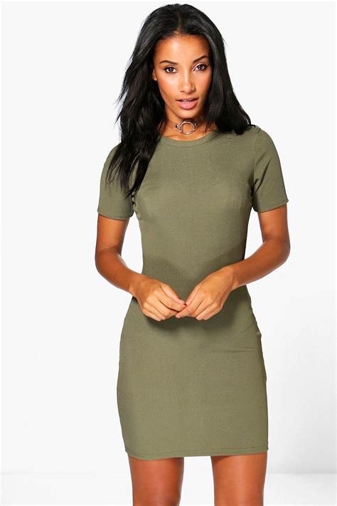 Womens Basic Rib Crew Bodycon Dress Boohoo Uk In 2021 Fitted