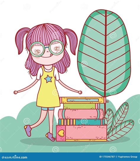 Cute Girl With Glasses And With Books In The Park Stock Vector