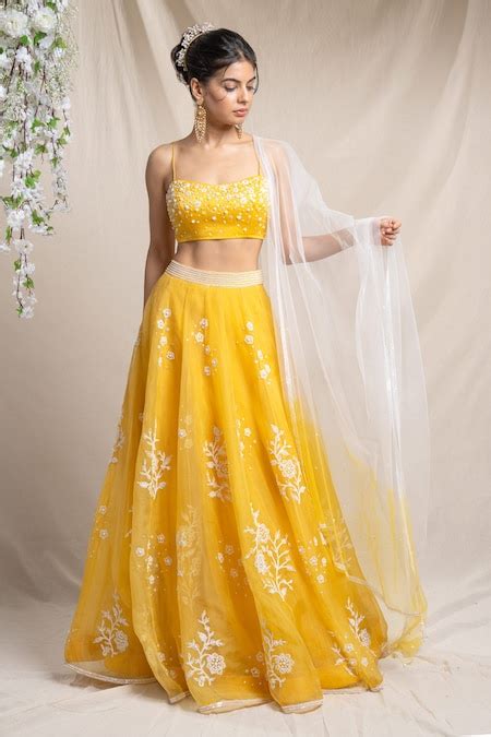 Buy Yellow Organza Embroidery Pearl Sweetheart Neck Floral Lehenga Set