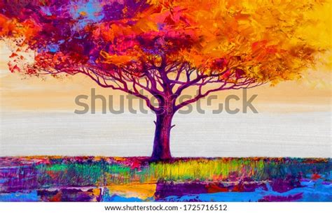 Oil Painting Landscape Colorful Abstract Tree Stock Illustration 1725716512