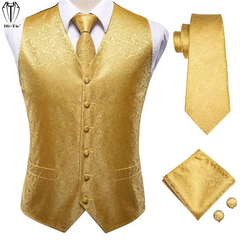 Hi Tie Jacquard Paisley Silk Gold Mens Vest Pocket Square Cufflinks Set