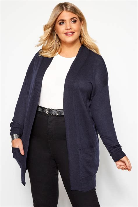 Navy Fine Knit Edge To Edge Rib Trim Cardigan With Pockets Plus Size