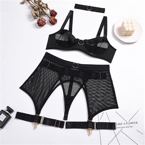 Conjunto De Lencería Negra Lencería Erótica Sexy Malla Etsy