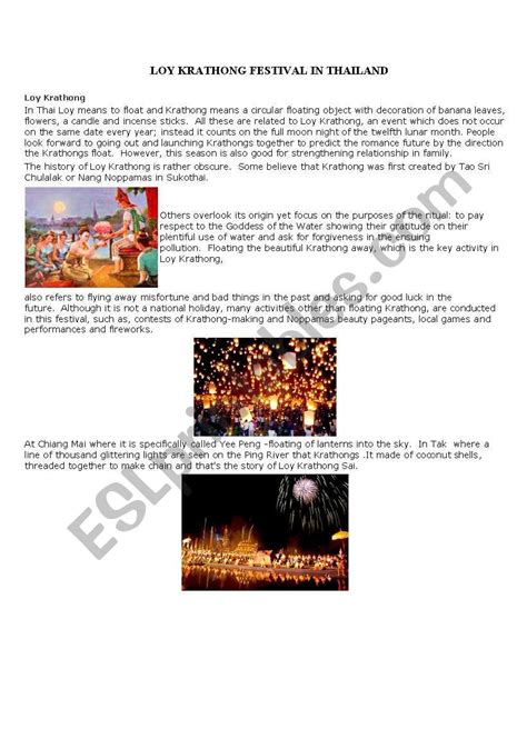 English Worksheets Loy Krathong Festival In Thailand