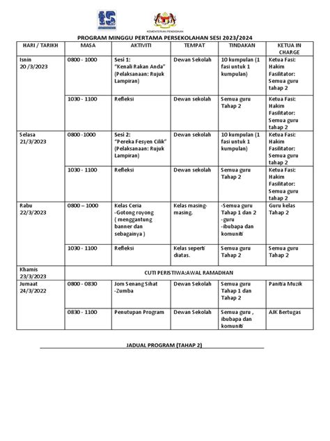 Program Dan Rph Minggu Pertama Persekolahan Tahap 2 2023 Pdf