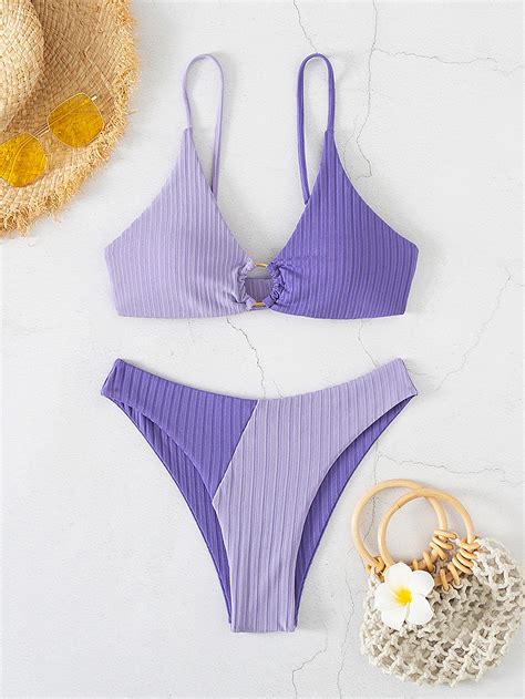 SHEIN Swim Vcay Colorblock Rib Knit Ring Linked Bikini Swimsuit SHEIN USA