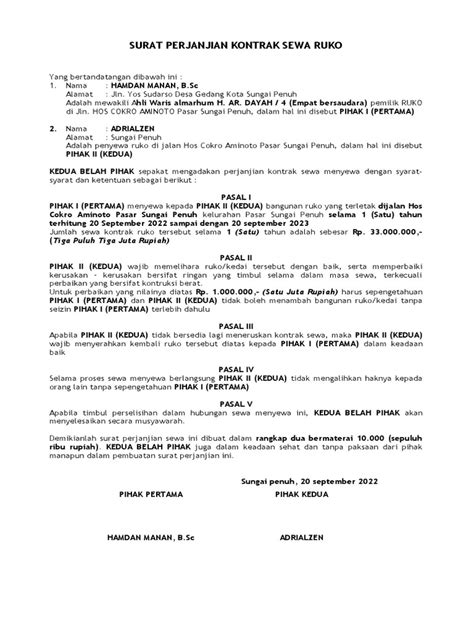 contoh surat perjanjian sewa ruko  tidak rugi