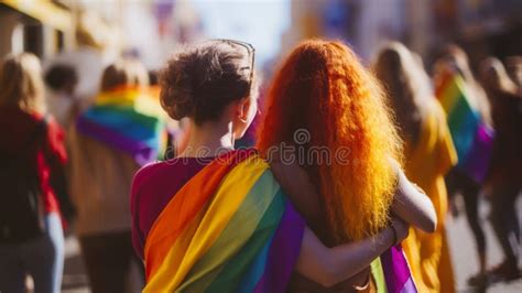 Back View Of LGBTQ People Hugging Outside With A Rainbow Flag AI