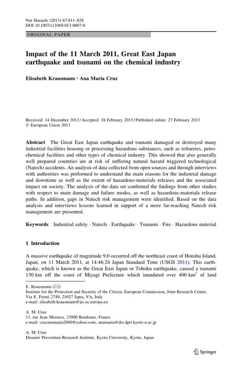 (PDF) Impact of the 11 March 2011, Great East Japan earthquake and ...