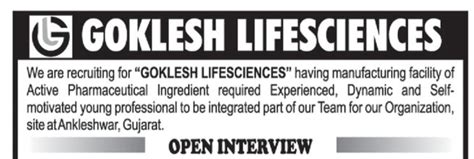 Goklesh Life Science Walk In Interview For Quality Qaqc Production Engineering Maintenance