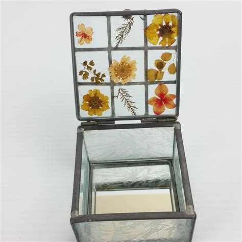 Vintage Leaded Beveled Glass Trinket Jewelry Box Dried Flowers Mirrored Bottom T For Her