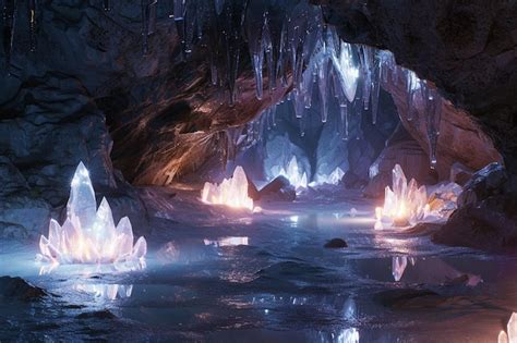 Premium Photo Mysterious Cave With Glowing Crystals And Reflecti