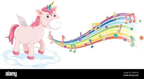 Cute Unicorn Standing On The Cloud With Melody Symbols On Rainbow