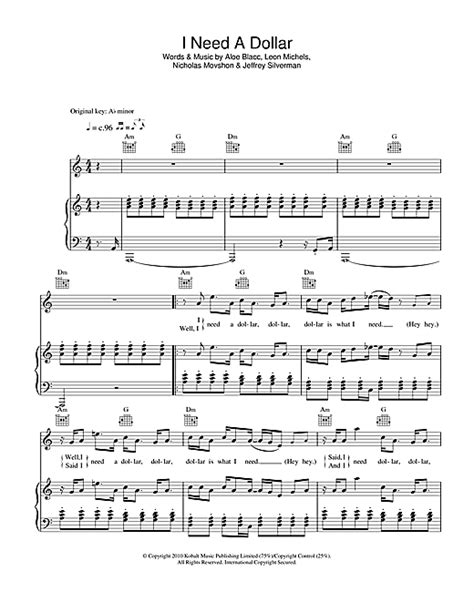 Aloe Blacc I Need A Dollar Sheet Music For Guitar Chords Lyrics