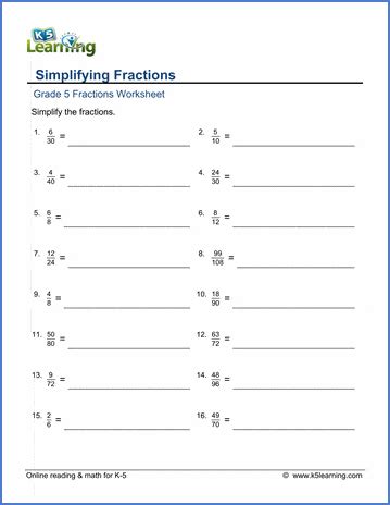 simplifying fractions worksheets  learning