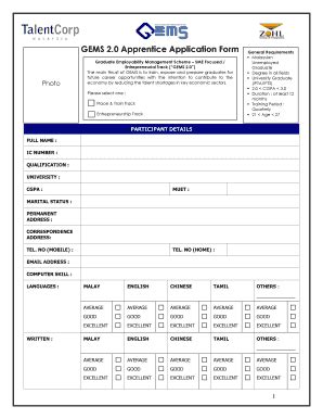 Fillable Online GEMS 20 Apprentice Application Form ZOHL GROUP Fax