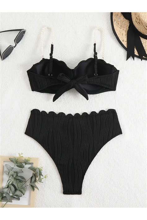 NeednStore Kadın Siyah Deniz Kabuğu Tasarım İnci Askılı Pileli Bikini Seti Mayo İnceltme ve