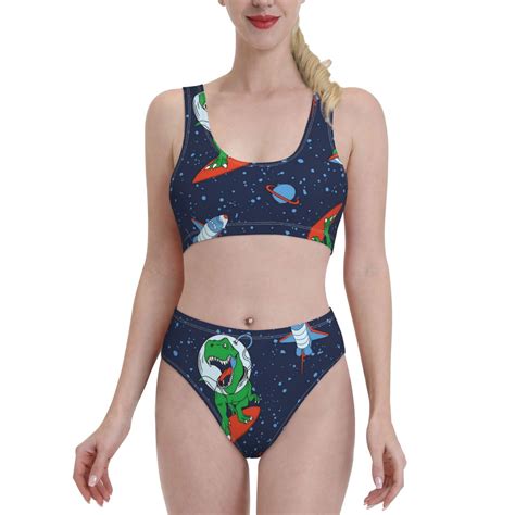 Daiia Dinosaur Astronaut Space Surfing Women S Bikini Swimsuit Two