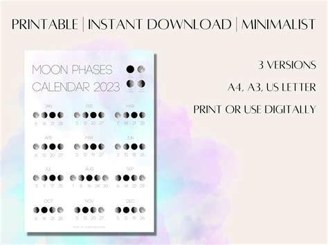 Moon Phases Calendar 2023 Lunar Calendar Magic Moon Full - Etsy