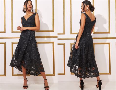 Scalloped Neck Lace Midi Dress Black Wedding Guest Dress Evening