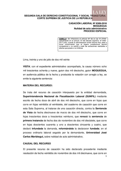 Casacion Laboral N Moquegua Corte Suprema De Justicia De La