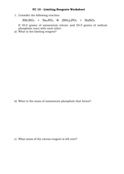 Solved Fc 10 Limiting Reagents Worksheet 1 Consider The