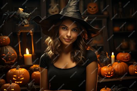 Premium AI Image | illustration of beautiful witch on Halloween background Halloween concept