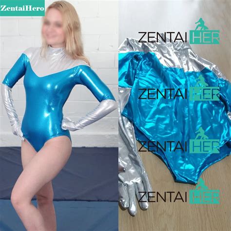 Free Shipping Dhl Sexy Women Silver And Blue Shiny Metallic Zentai Suit