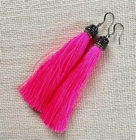 Hot Pink Tassel Earrings Long Silky Tassel Earrings Etsy Pink Tassel Earrings Pink Tassel