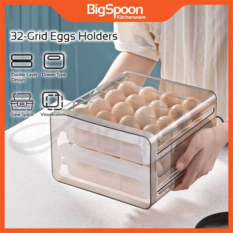 32-Grid Egg Storage Container Drawer Refrigerator Plastic Egg Container ...