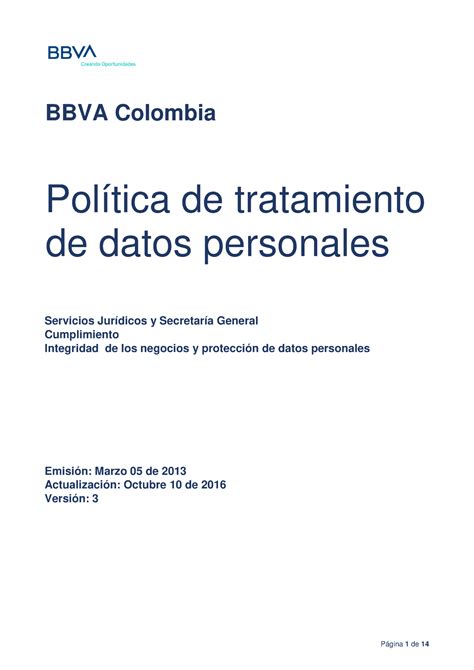 Do Politica Tratamiento Datos Personales Bbva Colombia Pol Tica De