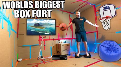 WORLDS BIGGEST BOX FORT 24 Hour Challenge Basketball Court NERF WAR