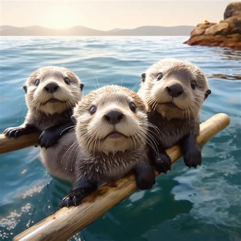 Premium AI Image | three otters are on a raft with one being pulled by ...