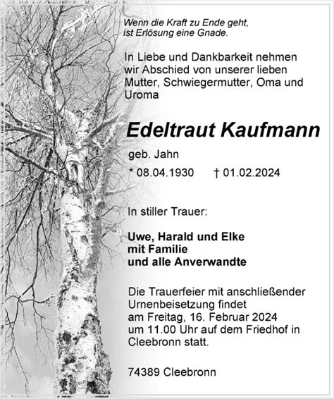 Traueranzeigen Von Edeltraut Kaufmann Trauerundgedenken De