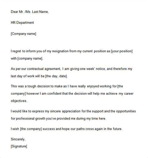 One Week Notice Letter Of Resignation Sample Resignation Letter