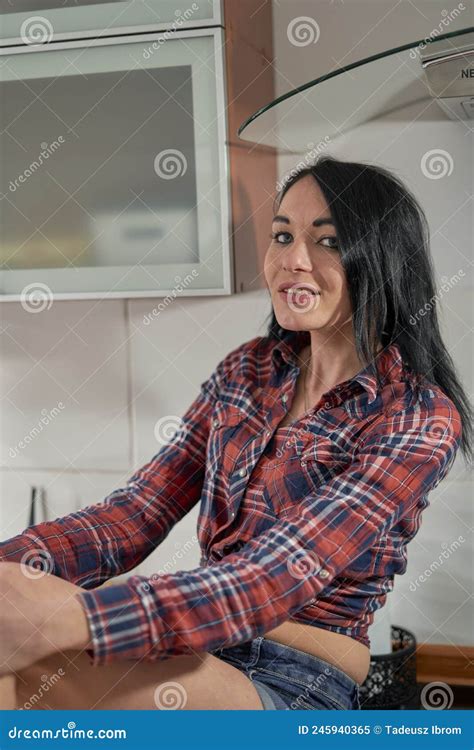 Brunette In The Kitchen Stock Image Image Of Long Face