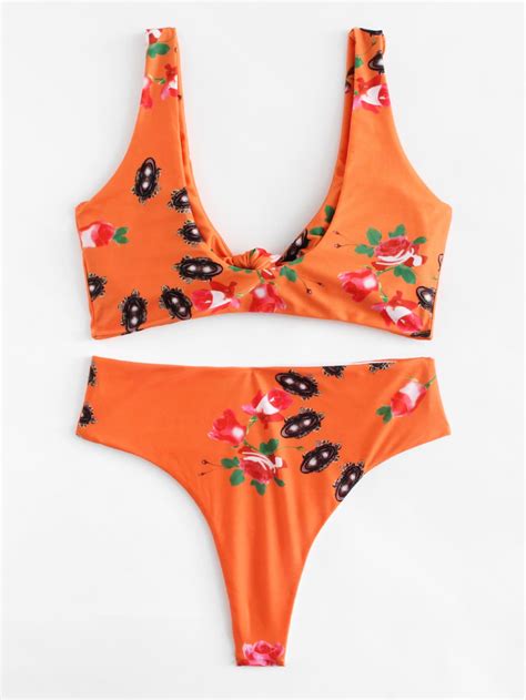 Flower Print Knot Bikini Set Shein Sheinside