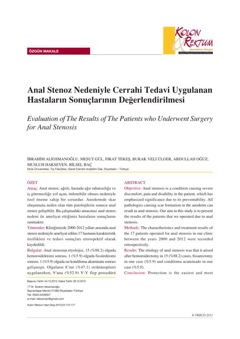 Pdf Anal Stenoz Nedeniyle Cerrahi Tedavi Uygulanan Hastalar N Sonu Lar N N De Erlendirilmesi