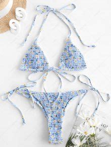 ZAFUL Ditsy Print Smocked String Bikini Swimwear In LIGHT BLUE ZAFUL