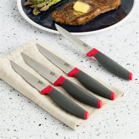 Tasty 4 Piece Stainless Steel Steak Knife Set Serrated Edge Red