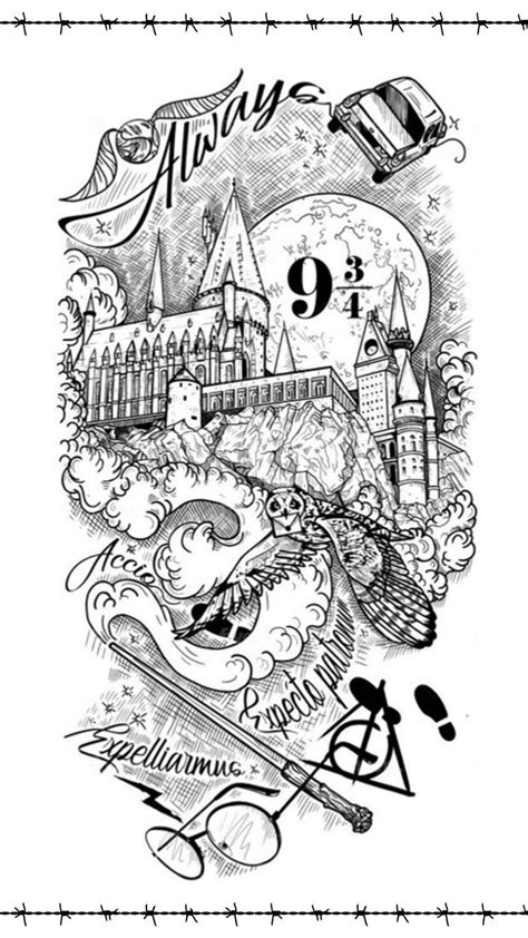 An Ink Drawing Of Hogwart S Castle With The Words Harry Potter On It