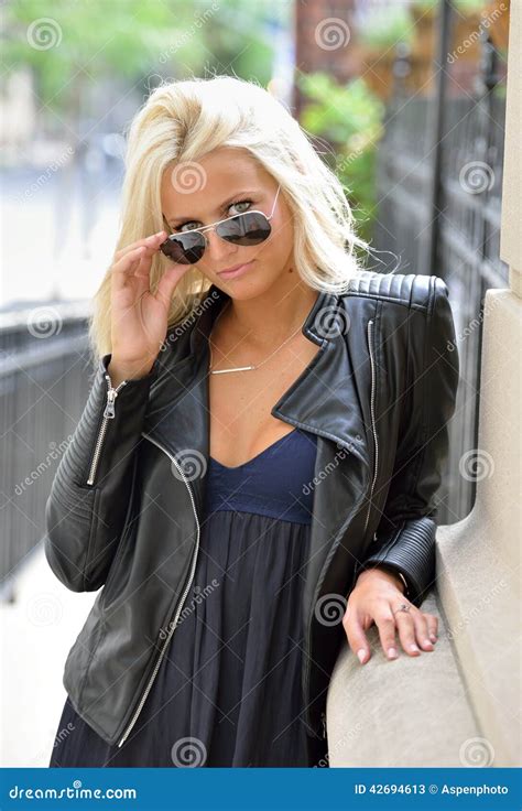 Female Blonde Fashion Model Stock Image Image Of Glasses Leather