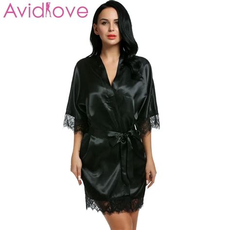 Avidlove Sleepwear Gown Women Short Satin Bride Robe Lace Silk Kimono